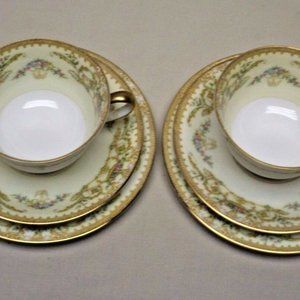 Noritake China Nanette set of 2 - 3 pc Footed Teacup, Saucer and Luncheon Plates